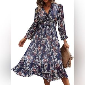 Simplee Women's V Neck Ruffles Floral Printed Long Sleeve Dress